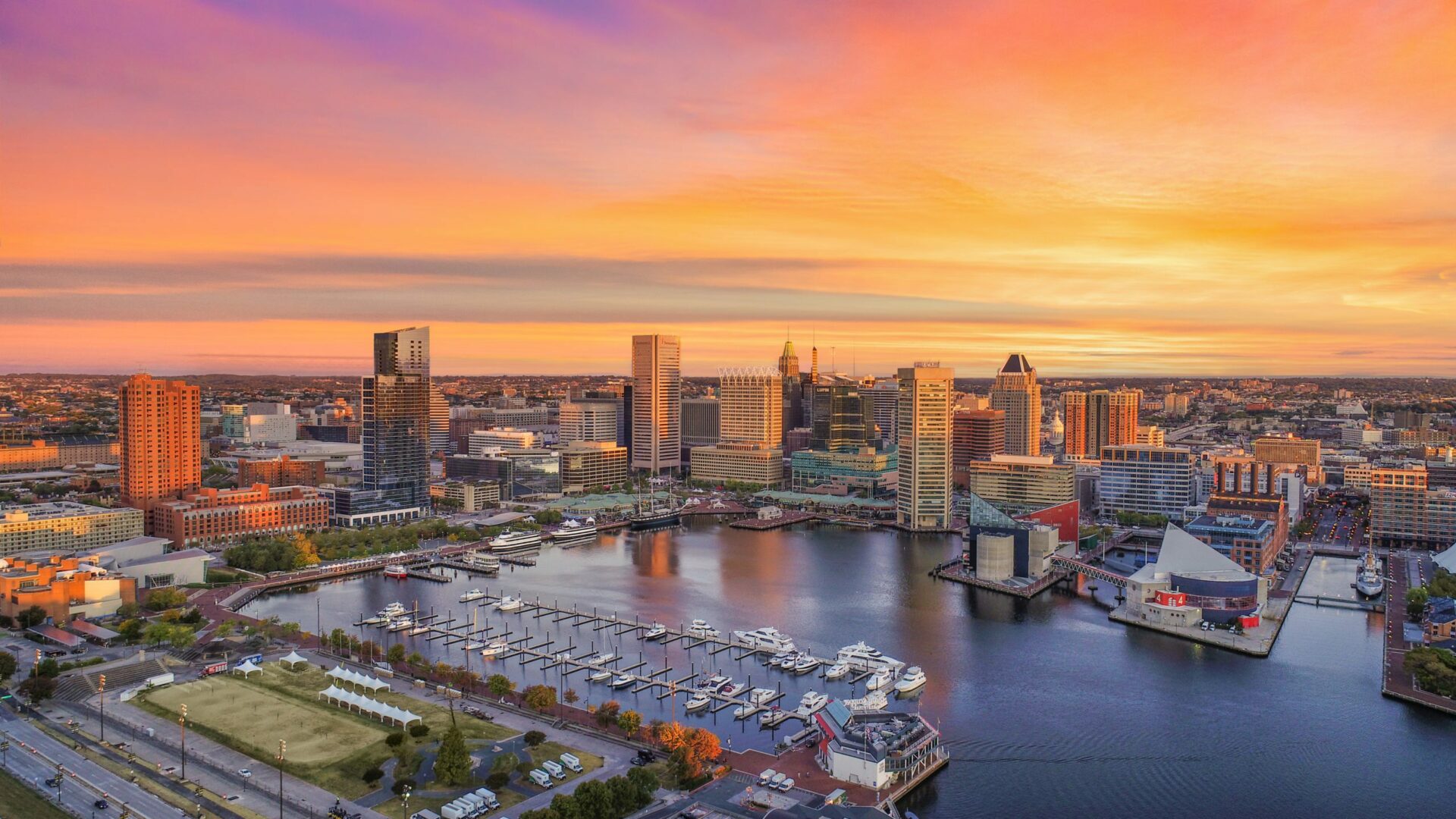 Baltimore, Maryland, USA Inner Harbor Skyline Aerial.