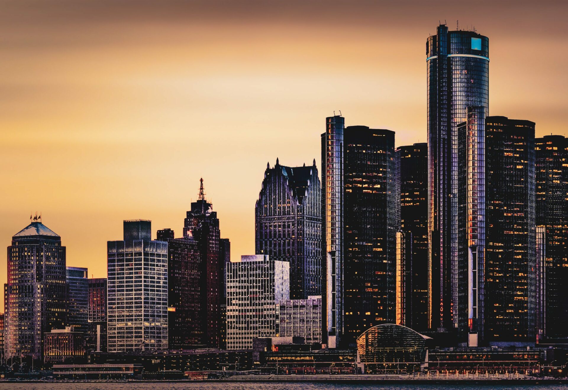 The Detroit skyline as seen from across the Detroit River, in Windsor, Ontario, Canada.