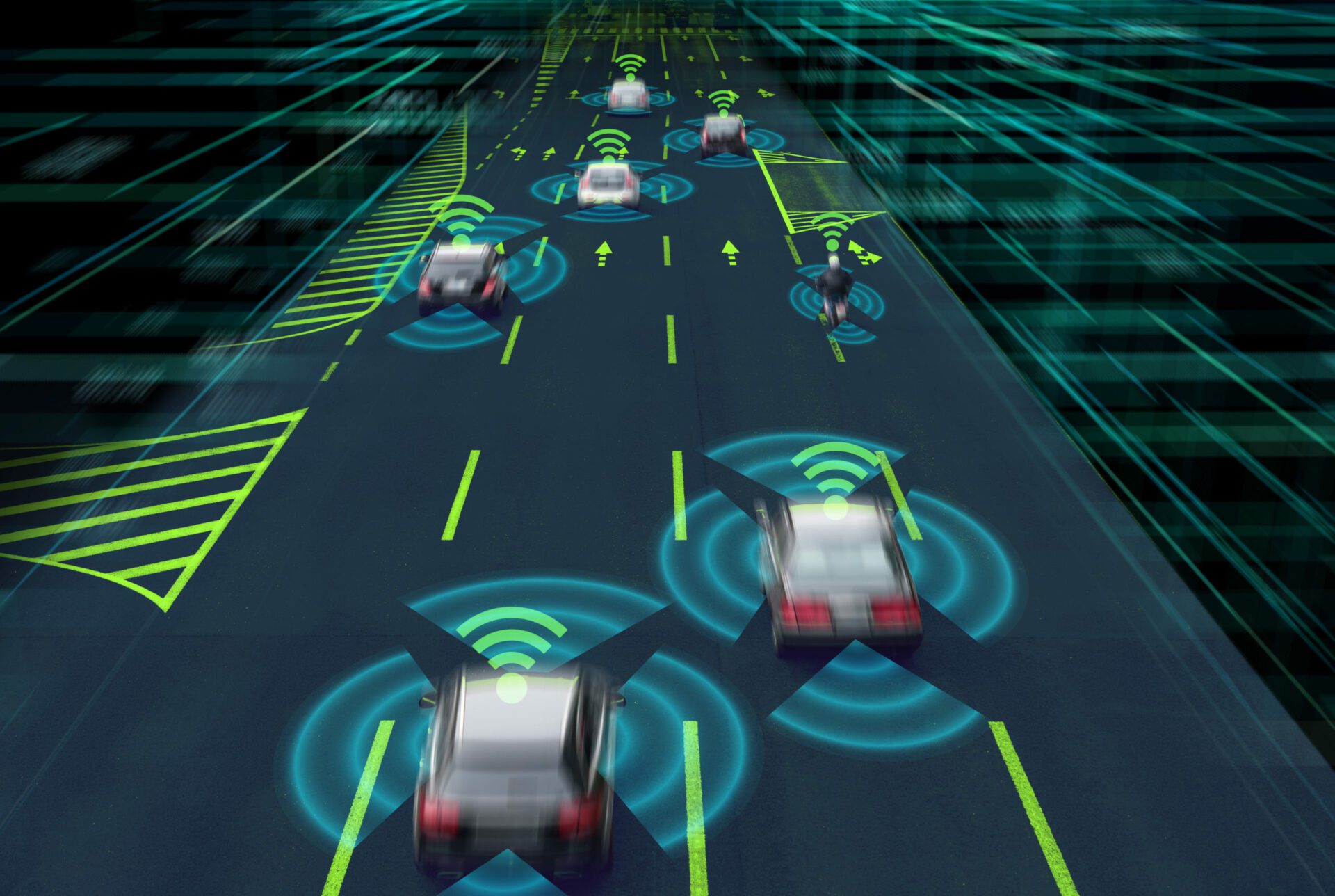 Sensing system and wireless communication network of vehicle. Autonomous car. Driverless car. Self driving vehicle.